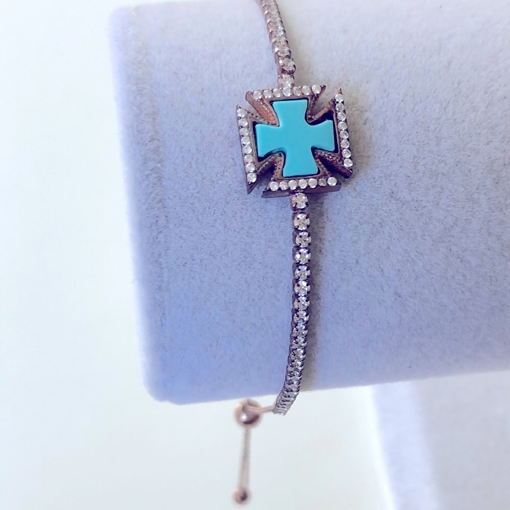 925 Silver mother of pearl bracelet blue cross cz